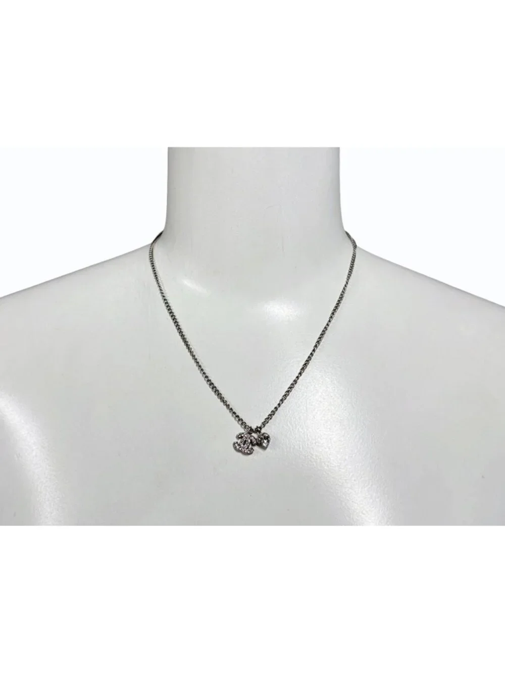 Chanel CC Logo Heart Necklace 04 42 Rhinestone Metal Clear Silver